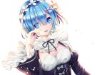  1girl :d black_ribbon black_sleeves blue_eyes blue_hair bow breasts cleavage detached_collar detached_sleeves eyebrows_visible_through_hair eyes_visible_through_hair flower frilled_sleeves frills fugounoshu hair_between_eyes hair_flower hair_ornament hair_over_one_eye hair_ribbon head_wreath highres long_sleeves looking_at_viewer medium_breasts neck_ribbon open_mouth pink_ribbon re:zero_kara_hajimeru_isekai_seikatsu rem_(re:zero) ribbon shiny shiny_hair short_hair simple_background smile solo upper_body white_background white_bow white_flower x_hair_ornament 