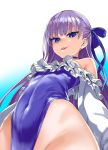  1girl asanagi bare_shoulders blue_background blue_eyes blue_ribbon casual_one-piece_swimsuit commentary_request covered_navel evil_smile eyebrows_visible_through_hair fate/grand_order fate_(series) flat_chest frilled_swimsuit frills from_below gradient gradient_background groin hair_ribbon highleg highleg_swimsuit highres long_sleeves looking_at_viewer looking_down meltryllis meltryllis_(swimsuit_lancer)_(fate) one-piece_swimsuit parted_lips purple_hair ribbon smile solo striped swimsuit v-shaped_eyebrows vertical_stripes 