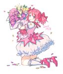  1girl 2015 blush bouquet choker dated eyebrows_visible_through_hair flower frilled_skirt frills full_body gloves hair_ribbon happy holding holding_bouquet holding_flower kaname_madoka kneeling leaf looking_back mahou_shoujo_madoka_magica petals pink_choker pink_eyes pink_flower pink_footwear pink_hair pink_neckwear pink_ribbon puffy_short_sleeves puffy_sleeves ribbon saji_(mei-low) short_sleeves short_twintails simple_background skirt smile socks solo thighhighs twintails white_background white_flower white_gloves white_legwear white_skirt yellow_flower zettai_ryouiki 