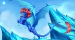  2019 absurd_res blue_scales claws day detailed_background digital_media_(artwork) dragon female feral hair hi_res horn membrane_(anatomy) membranous_wings orange_hair outside purple_eyes scales scalie sky solo sun western_dragon wings wrappedvi 