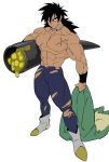  1boy :/ abs black_eyes black_hair blue_legwear boots broly_(dragon_ball_super) carrying carrying_under_arm chest_scar dark_skin dark_skinned_male dragon_ball dragon_ball_super_broly frown full_body highres holding_clothes jewelry legs_apart long_hair looking_away male_focus muscle neck_ring no_nipples scar shirtless simple_background spiked_hair torawar torn_clothes torn_legwear veins white_background white_footwear wristband 