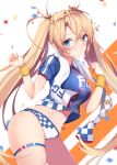  1girl bangs blonde_hair blue_eyes bradamante_(fate/grand_order) braid checkered checkered_panties closed_mouth clothes_writing commentary_request crown_braid eyebrows_visible_through_hair face_painting fate/grand_order fate_(series) hair_ornament heroic_spirit_festival_outfit highres leg_garter long_hair looking_at_viewer maosame midriff navel panties shirt short_sleeves smile solo standing striped striped_shirt thigh_strap towel towel_around_neck twintails underwear vertical-striped_shirt vertical_stripes white_panties wristband 