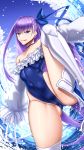  1girl ass_visible_through_thighs bangs bare_shoulders blue_eyes blue_sky blue_swimsuit blush breasts choker closed_mouth collarbone covered_navel fate/grand_order fate_(series) frills greaves hair_between_eyes highleg highleg_swimsuit highres knee_up licking_lips long_hair long_sleeves looking_at_viewer meltryllis meltryllis_(swimsuit_lancer)_(fate) one-piece_swimsuit purple_hair shuugetsu_karasu sky sleeves_past_fingers sleeves_past_wrists small_breasts smile solo swimsuit thighs tongue tongue_out very_long_hair water 