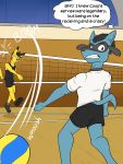  anthro anthrofied ball bottomwear clothed clothing comic fully_clothed fuze hi_res male nintendo pikachu pok&eacute;mon pok&eacute;mon_(species) riolu shirt shorts sport t-shirt tank_top topwear video_games volleyball volleyball_(ball) 