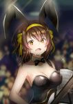  1girl :d animal_ears bangs black_leotard black_neckwear blurry blurry_background breasts brown_eyes brown_hair bunny_ears bunny_girl bunnysuit cleavage collarbone detached_collar eyebrows_visible_through_hair fake_animal_ears goyain hair_between_eyes hair_ribbon hairband highres holding holding_instrument indoors instrument leotard long_hair medium_breasts open_mouth ribbon shiny shiny_hair sideboob smile solo sparkle strapless strapless_leotard suzumiya_haruhi suzumiya_haruhi_no_yuuutsu sweat upper_body wing_collar yellow_hairband yellow_ribbon 
