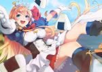  1girl :d ahoge ascot blue_eyes blue_legwear blue_sky blurry boots breasts cleavage commentary_request day depth_of_field dress dutch_angle food foreshortening gloves highres kneehighs long_hair looking_at_viewer medium_breasts onigiri open_mouth orange_hair outstretched_arms pecorine princess_connect! princess_connect!_re:dive retsuna short_sleeves sitting sky smile solo tiara very_long_hair white_gloves wing_collar 