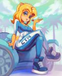  &lt;3 2019 absurd_res activision anthro bandicoot black_nose blonde_hair blowing_kiss blue_clothing blue_eyes blue_footwear blue_shoes bodysuit breasts cleavage clothed clothing cloud crash_bandicoot_(series) crossed_legs detailed_background digital_media_(artwork) eyelashes eyeshadow female footwear fur hair hi_res isabella_bandicoot lipstick long_hair looking_at_viewer makeup mammal marsupial mole_(disambiguation) outside palm_trees pose shoes sitting skinsuit sky smile solo tight_clothing toastyscones tree vehicle video_games wavy_hair wheels 