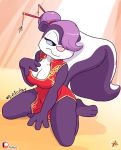  breasts chinese_clothing chinese_dress cleavage clothed clothing dress female fifi_la_fume fur furboz hair hair_over_eye mammal mephitid multicolored_fur purple_fur purple_hair skunk smile solo tiny_toon_adventures warner_brothers white_fur 