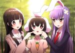  3girls :3 animal_ears bamboo bamboo_forest bangs black_hair blazer blue_coat blunt_bangs blurry blush bow bowtie bright_pupils bunny_ears carrot_necklace cheek_pinching cheek_poking commentary_request crossed_bandaids day depth_of_field dress dress_shirt eyebrows_visible_through_hair forest hair_between_eyes hand_on_another&#039;s_cheek hand_on_another&#039;s_face high_collar highres houraisan_kaguya inaba_tewi jacket long_hair long_sleeves looking_at_another looking_up multiple_girls nature necktie open_mouth outdoors pinching pink_dress pink_shirt poking puffy_short_sleeves puffy_sleeves purple_hair red_eyes red_neckwear reisen_udongein_inaba shirt short_sleeves sidelocks standing touhou tsukimirin upper_body very_long_hair white_neckwear white_pupils white_shirt 