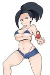  1girl absurdres bare_shoulders black_eyes black_hair boku_no_hero_academia breasts cleavage collarbone commentary floating highres hot_vr large_breasts long_hair looking_at_viewer navel pink_bikini_bottom police ponytail short_shorts shorts simple_background smile solo white_background yaoyorozu_momo 