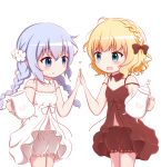  2girls :d bare_arms bare_shoulders blonde_hair bloomers blue_eyes blue_hair blush bow braid breasts brown_bloomers brown_bow brown_collar brown_dress closed_mouth collar commentary_request detached_collar dress eye_contact gochuumon_wa_usagi_desu_ka? goth_risuto hair_bow heart high_five holding kafuu_chino kirima_sharo long_hair looking_at_another low_twintails matching_outfit multiple_girls open_mouth simple_background sleeveless sleeveless_dress small_breasts smile teapot twin_braids twintails underwear very_long_hair white_background white_bloomers white_collar white_dress 