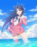  1girl absurdres bangs bare_shoulders black_hair black_ribbon breasts cloud commentary_request crown day doris_(1349745448) earrings eyebrows_visible_through_hair fate/grand_order fate_(series) fur_trim highres hoop_earrings in_water ishtar_(fate/grand_order) ishtar_(swimsuit_rider)_(fate) jacket jewelry long_hair long_sleeves looking_at_viewer open_mouth parted_bangs red_eyes ribbon single_thighhigh small_breasts smile solo swimsuit thighhighs two_side_up upper_teeth 