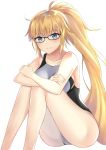  1girl black-framed_eyewear blonde_hair blue_eyes blush breasts closed_mouth collarbone competition_swimsuit crossed_arms fate/grand_order fate_(series) glasses high_ponytail highres jeanne_d&#039;arc_(fate)_(all) jeanne_d&#039;arc_(swimsuit_archer) long_hair looking_at_viewer medium_breasts one-piece_swimsuit sideboob simple_background sitting smile solo swimsuit very_long_hair white_background white_swimsuit yuyuenimo 