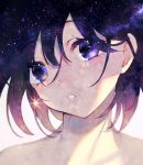  achiki androgynous bangs bare_shoulders character_request close-up commentary_request copyright_request face hair_between_eyes head_tilt looking_at_viewer parted_lips purple_eyes purple_hair short_hair simple_background solo sparkle white_background 