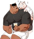  2019 5_fingers anthro biped black_eyebrows black_hair black_nose bottomwear brown_fur canid canine clothing digital_media_(artwork) duo eating eyebrows fingers food fur hair hi_res holding_food holding_object kemono looking_at_another male mammal muscular muscular_male open_mouth open_smile pudding shirt short_hair shorts simple_background smile syukapong t-shirt tan_fur topwear white_background 