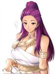  1girl armlet bracelet breasts brown_eyes cleavage closed_mouth fire_emblem fire_emblem:_three_houses highres jewelry long_hair petra_mcnairy ponytail purple_hair simple_background smile solo the_kingduke twitter_username upper_body white_background 