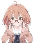  1girl ahoge blush closed_mouth collarbone glasses ixy kuriyama_mirai kyoukai_no_kanata long_sleeves looking_at_viewer orange_hair red-framed_eyewear school_uniform short_hair simple_background solo upper_body white_background yellow_eyes 