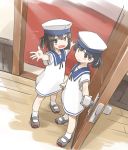  2girls black_eyes black_hair blue_sailor_collar bob_cut commentary_request daitou_(kantai_collection) door dress hat hiburi_(kantai_collection) high_ponytail kantai_collection looking_at_viewer low_ponytail multiple_girls open_mouth sailor_collar sailor_dress sailor_hat shoes short_hair short_sleeves sidelocks smile socks tewarusa uwabaki white_dress white_headwear white_legwear 