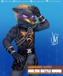  2019 absurd_res angry animal_genitalia anthro balls black_fur bottomless canid canine clothed clothing digital_media_(artwork) epic_games fingerless_gloves fortnite fully_sheathed fur gatogenerico gloves glowing glowing_eyes handwear hi_res looking_at_viewer male mammal molten_battle_hound purple_eyes sheath smile solo video_games 