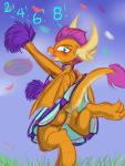  2019 anus blue_eyes blush butt cheering cheerleader cheerleader_outfit dialogue dragon english_text female friendship_is_magic frist44 hi_res horn my_little_pony pom_poms pussy slit_pupils smolder_(mlp) solo text 