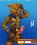  2019 absurd_res angry animal_genitalia animal_penis anthro battle_hound canid canine canine_penis clothed clothing digital_media_(artwork) epic_games fingerless_gloves fortnite gatogenerico gloves handwear hi_res looking_at_viewer male mammal penis sheath smile solo video_games 