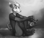  5_fingers alcohol anthro barefoot beverage bottle bottomwear claws clothed clothing di19826 didelphid fangs fingers greyscale hair hindpaw knees_pulled_up male mammal marsupial monochrome paws sam_(rotarr) shirt short_hair shorts sitting solo t-shirt toe_claws topwear whiskers 