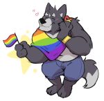  &lt;3 2019 adastra amicus_(adastra) anthro black_fur blush bottomwear canid canine canis claws clothing countershading eyes_closed fangs fur grey_fur happy haps hi_res jewelry lgbt_pride looking_at_viewer male mammal multicolored_clothing multicolored_fur muscular muscular_male nipples piercing rainbow rainbow_clothing rainbow_flag rainbow_symbol shorts slightly_chubby smile solo two_tone_fur wolf 