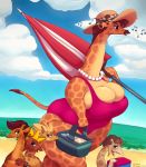  2019 age_difference angry annoyed anthro beach big_breasts bracelet breasts clothing cub ear_piercing ear_ring female giraffe giraffe_mom giraffid group happy hat headgear headwear huge_breasts javanshir jewelry larger_female male mammal mature_female monokini mother mother_and_son musical_note nervous older_female outside parasol parent pearl_necklace piercing seaside shy singing size_difference slightly_chubby smaller_male son spiked_bracelet spikes umbrella young younger_male 