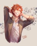  1boy artist_name catchingsunrays epaulettes fire_emblem fire_emblem:_three_houses flower grey_background highres leaf male_focus orange_eyes orange_hair solo sylvain_jose_gautier teeth uniform upper_body 