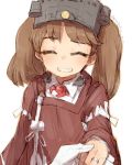  1girl alchera brown_hair closed_eyes commentary_request facing_viewer flat_chest grin japanese_clothes jewelry kantai_collection kariginu magatama red_shirt ring ryuujou_(kantai_collection) shirt simple_background smile solo twintails upper_body visor_cap wedding_band white_background white_shirt 