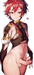  1boy alexander_(fate/grand_order) blush braid fate/grand_order fate_(series) fingerless_gloves gloves heart highres looking_at_viewer male_focus navel nipples penis red_eyes red_hair roropull simple_background single_braid smile solo testicles torn_clothes white_background 