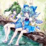  2girls ascot bare_legs barefoot blue_dress blue_eyes blush bow cirno commentary_request daiyousei dress eating eyebrows_visible_through_hair fairy_wings food grass green_eyes green_hair hair_bow hair_ribbon holding holding_food ice ice_cream ice_wings legs light_blue_hair log looking_to_the_side multiple_girls nanashii_(soregasisan) neck_ribbon popsicle puffy_short_sleeves puffy_sleeves red_neckwear red_ribbon ribbon saliva short_hair short_sleeves side_ponytail sitting sitting_on_log smile toenails toes tongue tongue_out touhou water wings yellow_neckwear yellow_ribbon 