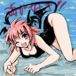  1girl :d bare_legs black_swimsuit blush_stickers breasts cleavage commentary_request demon_tail demon_wings eyebrows_visible_through_hair feet_out_of_frame head_wings koakuma legs looking_at_viewer medium_breasts messy_hair nanashii_(soregasisan) one-piece_swimsuit one_eye_closed open_mouth pointing pointing_at_viewer pool poolside red_eyes red_hair short_hair smile solo swimsuit tail touhou translation_request water wings 