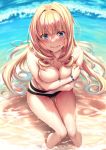  1girl absurdres bangs beach bikini blonde_hair blue_eyes blue_sky blush breasts cleavage cloud collarbone covering covering_breasts curly_hair day embarrassed eyebrows_visible_through_hair highres jewelry large_breasts long_hair looking_at_viewer necklace ocean original outdoors parted_lips piromizu sand scan shoudou_erena sidelocks sky solo swimsuit topless very_long_hair wading wet 