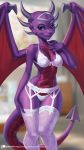  2019 activision alanscampos anthro bra clothed clothing cynder digital_media_(artwork) dragon eyelashes female hi_res horn legwear lingerie looking_at_viewer panties patreon purple_scales scales smile solo spyro_the_dragon underwear url video_games wings 