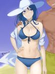  &gt;:( 1girl arm_at_side bare_shoulders bikini blue_bikini blue_eyes blue_hair blue_ribbon blue_sky breasts caitlyn_(league_of_legends) cleavage closed_eyes commentary_request cowboy_shot dark_skin dark_skinned_male dated day eyebrows_visible_through_hair faceless faceless_male front-tie_bikini front-tie_top hand_on_another&#039;s_shoulder hand_on_hip hat large_breasts league_of_legends long_hair looking_at_viewer male_swimwear mr_yah navel off_shoulder open_clothes open_shirt outdoors ribbon shirt shirtless short_sleeves signature sky solo solo_focus stomach sun_hat swim_trunks swimsuit swimwear v-shaped_eyebrows white_headwear white_shirt 