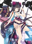  1girl absurdres animal bangs bikini black_hair blue_eyes blush breasts calligraphy_brush cleavage closed_mouth commentary_request eyebrows_behind_hair fate/grand_order fate_(series) floral_print goggles goggles_on_head groin hair_ornament head_tilt highres ink_stain katana katsushika_hokusai_(fate/grand_order) katsushika_hokusai_(swimsuit_saber)_(fate) long_hair looking_at_viewer low_twintails medium_breasts octopus paintbrush sheath sheathed smile standing standing_on_one_leg swimsuit sword tokitarou_(fate/grand_order) twintails very_long_hair weapon white_background white_bikini yukaa 