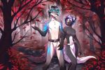  anthro autumn belt big_tail blue_hair breasts canid canine chain detailed_background domestic_cat duo featureless_breasts featureless_crotch felid feline felis female forest fox fur grey_fur hair hybrid male male/female mammal nude portrait purple_hair rokito romantic synmah takkin three-quarter_portrait tree walking white_fur 