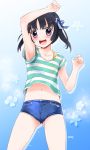  1girl arm_on_head arm_up armpits ass_visible_through_thighs black_eyes black_hair denim denim_shorts highres long_hair midriff navel noto_(soranoto) open_mouth original ribbon shirt short_shorts short_sleeves shorts smile solo striped striped_shirt thighs twintails 