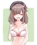  1girl beret blush bra breasts brown_hair cleavage closed_eyes collarbone commentary_request hair_ornament hairclip hat highres large_breasts medium_breasts mm_(mm_chair) nijisanji open_mouth portrait ribbon simple_background solo suzuhara_lulu sweat underwear virtual_youtuber 