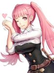  1girl bangs belt blunt_bangs blush cravat fire_emblem fire_emblem:_three_houses gonzarez heart highres hilda_valentine_goneril long_hair long_sleeves looking_at_viewer one_eye_closed pink_eyes pink_hair simple_background smile solo twintails uniform 