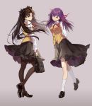  2girls augu_(523764197) black_footwear black_hair black_legwear black_skirt blue_eyes brown_vest cross_print fate/stay_night fate_(series) grey_background hair_ribbon homurahara_academy_uniform loafers long_hair matou_sakura medium_skirt multiple_girls neck_ribbon purple_eyes purple_hair red_ribbon ribbon school_uniform shirt shoes siblings simple_background sisters skirt socks toosaka_rin two_side_up vest white_legwear white_shirt 