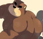  2019 absurd_res anthro belly bhtoss black_nose blush bodily_fluids brown_fur duo fur hi_res male mammal overweight overweight_male simple_background sweat ursid 