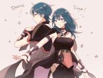 1boy 1girl blue_eyes blue_hair byleth_(fire_emblem) byleth_(fire_emblem)_(female) byleth_(fire_emblem)_(male) closed_mouth dancer dinikee fire_emblem fire_emblem:_three_houses from_side medium_hair short_hair simple_background 