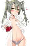  1girl chigasaki_y coffee commentary_request cowboy_shot cup dress_shirt flat_chest grey_hair grey_panties highres kantai_collection long_hair long_sleeves no_bra open_clothes open_shirt panties ribbon shirt simple_background solo standing teacup twintails underwear white_background white_ribbon zuikaku_(kantai_collection) 