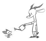  2019 alternate_species ambiguous_gender antelope anthro barefoot bovid clothed clothing duo facial_markings flora_fauna fuel_(artist) fuel_(character) gazelle greyscale head_markings holding_object horn malphas_(enginetrap) mammal markings monochrome plant simple_background standing water watering watering_can white_background 