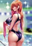  1girl absurdres ass back_cutout bangs bare_shoulders blue_swimsuit blurry blurry_background breasts brown_hair competition_swimsuit cowboy_shot eyebrows_visible_through_hair from_behind half-closed_eyes highres holding holding_towel kurumi_shinoha large_breasts lights long_hair looking_at_viewer looking_back mole mole_under_mouth one-piece_swimsuit original parted_lips piromizu poolside purple_eyes scan shiny shiny_clothes shoulder_blades sidelocks smile solo swimsuit towel wet wiping_face 