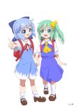  2girls ahoge arm_up backpack bag bangs blue_dress blue_eyes blue_hair blush bow brown_footwear cirno cravat daiyousei dress eyebrows_visible_through_hair full_body green_eyes green_hair hair_bow highres holding_hands konkitsune_koukou looking_at_another mary_janes multiple_girls neck_ribbon no_wings open_mouth pinafore_dress pointing puffy_short_sleeves puffy_sleeves randoseru red_neckwear ribbon shirt shoes short_hair short_sleeves side_ponytail signature simple_background socks standing touhou white_background white_legwear white_shirt wing_collar yellow_neckwear 