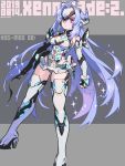  1girl android bare_shoulders blue_hair breasts elbow_gloves expressionless forehead_protector fujimoto_hideaki gloves kos-mos kos-mos_re: leotard long_hair looking_at_viewer red_eyes simple_background solo thighhighs very_long_hair white_leotard xenoblade_(series) xenoblade_2 xenosaga 