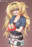  1girl alternate_costume anti_(untea9) black_hairband blindfold blonde_hair blue_shirt bound breast_pocket breasts brown_background casual collared_shirt commentary_request cowboy_shot enemy_lifebuoy_(kantai_collection) gambier_bay_(kantai_collection) gradient gradient_background hairband highres kantai_collection large_breasts multicolored multicolored_clothes pocket shibari shibari_over_clothes shinkaisei-kan shirt shorts solo twintails twitter_username 